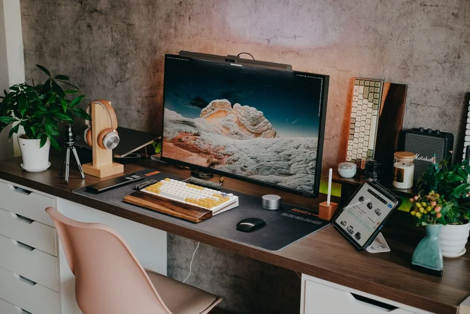 A website wireframe on a macbook screen on an office desk.